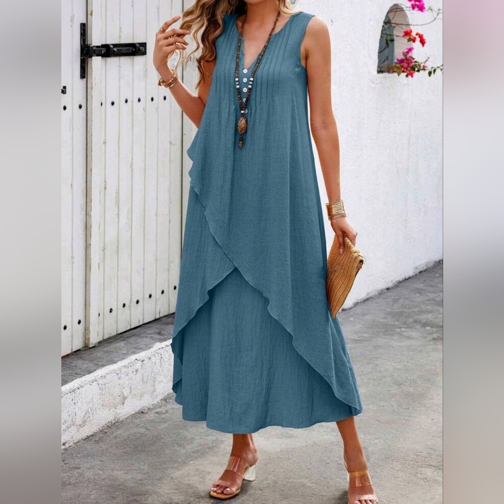 New Flowy Layered Button Trim Sleeveless Long Dress Blue - Picture 3 of 7